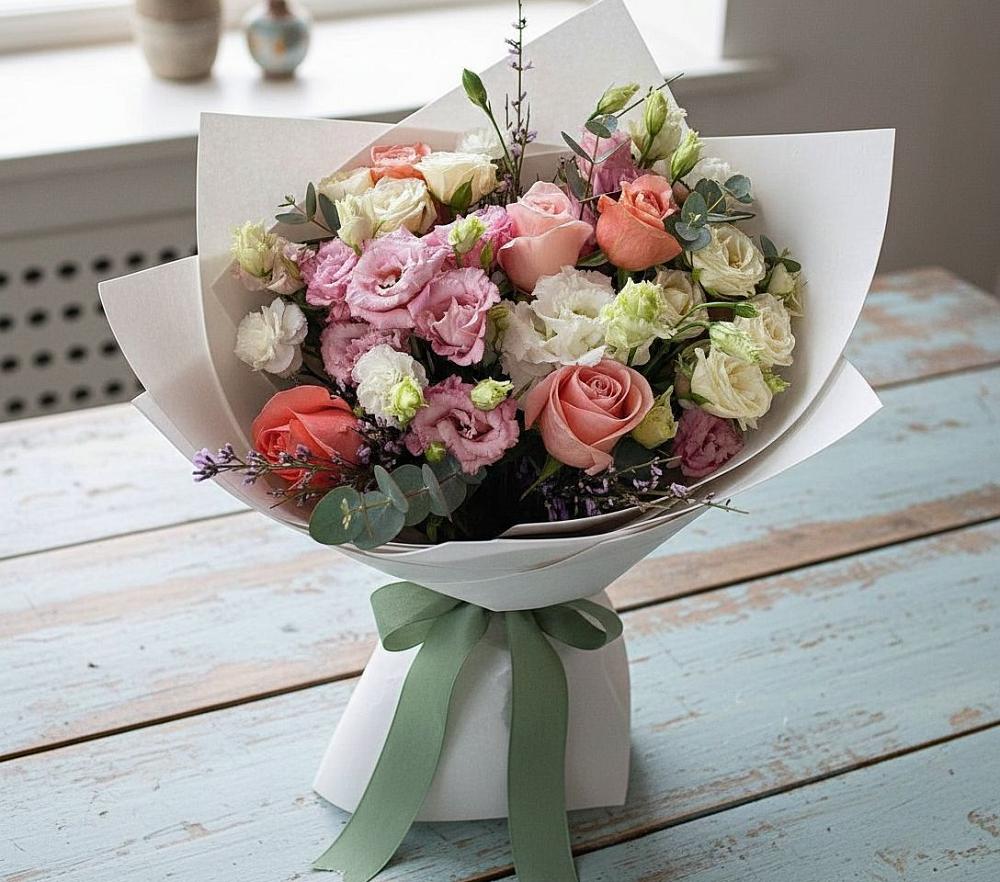 Букет цветов из: Розы, Лизиантусы и Гвоздики в Лотошино